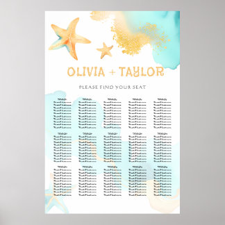 Affiche Aqua And Gold Watercolor Beachy Starfish Wedding 