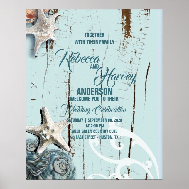 Affiche aqua bleu coquillage plage accueil mariage (Devant)
