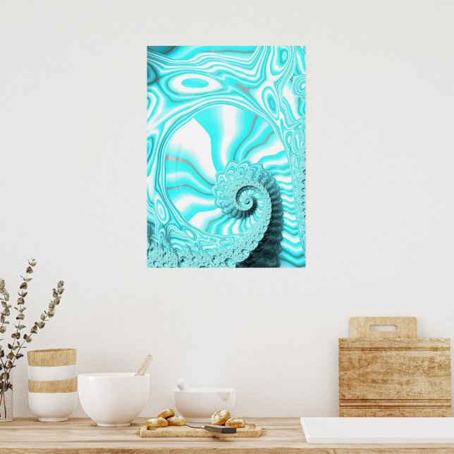 Affiche Aqua Blue Nautilus Shell Spiral Fractal Abstrait (Cuisine)