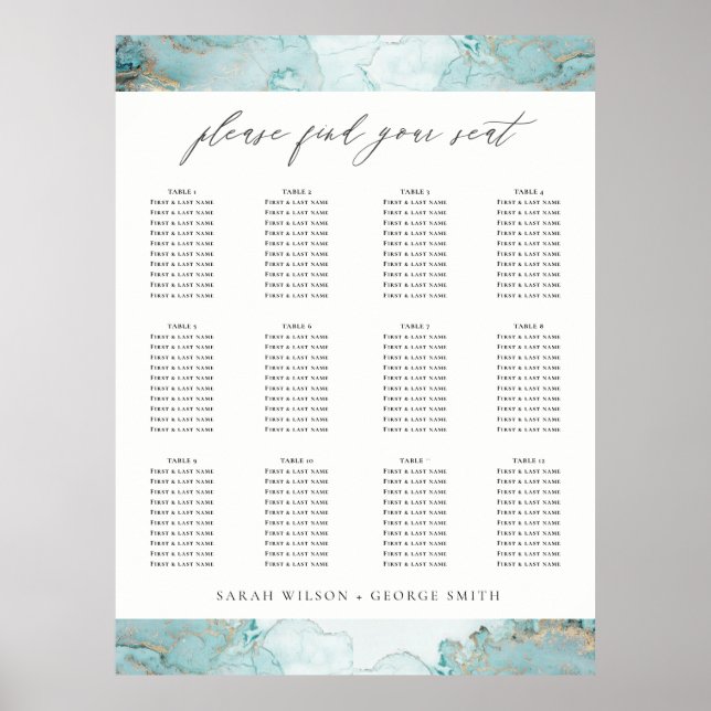 AFFICHE AQUA DUSKY BLUE GOLD AGATE MARIAGE SEAAT CHART (Devant)