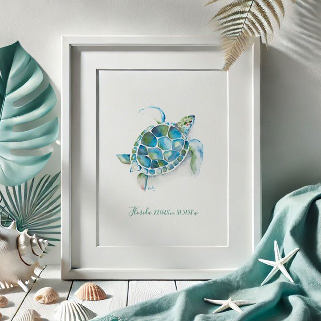 Affiche Aquarelle (Beach pictures watercolor sea turtle drawing coastal art by Victoria Grigaliunas of Do Tell A Belle )