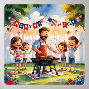 Affiche Aquarelle 4 juillet famille BBQ