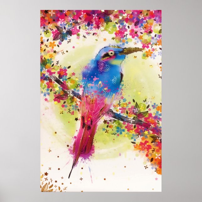 Affiche Aquarelle à fleurs d'ornithologie dorée (Devant)