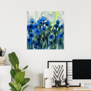 Affiche Aquarelle Abstraite 'Blue Field of Flowers'