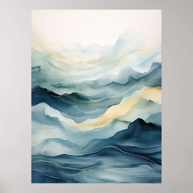 Affiche Aquarelle abstraite, Mer, Vagues, Lignes (Devant)