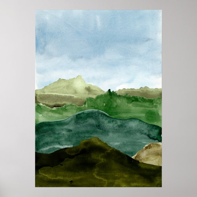 Affiche Aquarelle abstraite montagne verte paysage art (Devant)