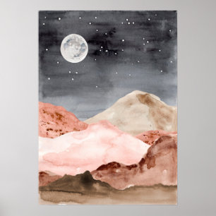 Affiche Aquarelle abstraite nuit lune paysage désertique