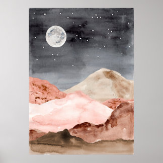 Affiche Aquarelle abstraite nuit lune paysage désertique