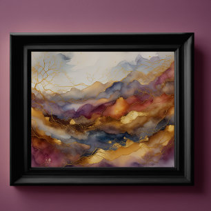Affiche Aquarelle Abstraite peinture de paysage or 4:3