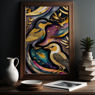 Affiche Aquarelle Abstraite Peinture des oiseaux 2:3