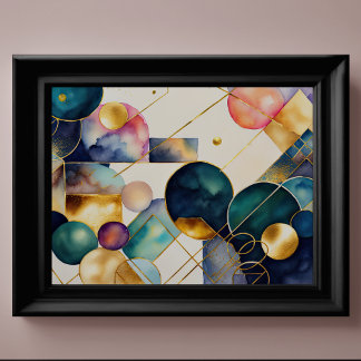 Affiche Aquarelle Abstraite peinture géométrique Or 4:3