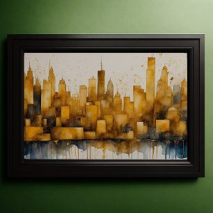 Affiche Aquarelle Abstraite Peinture Gold Cityscape 3:2