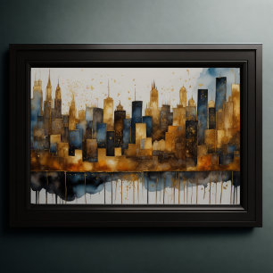 Affiche Aquarelle Abstraite Peinture Gold Cityscape 3:2