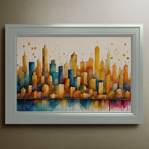 Affiche Aquarelle Abstraite Peinture Gold Cityscape 3:2