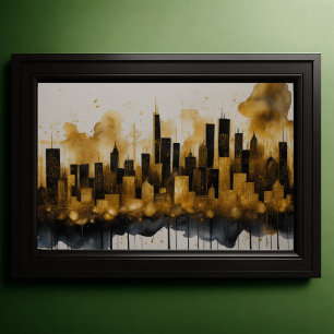 Affiche Aquarelle Abstraite Peinture Gold Cityscape 3:2