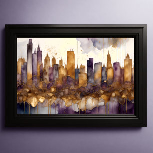 Affiche Aquarelle Abstraite Peinture Gold Cityscape 3:2