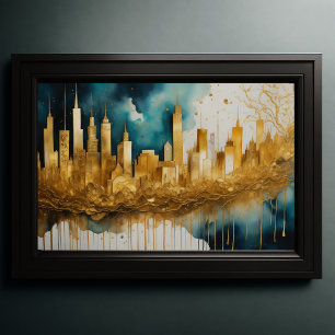 Affiche Aquarelle Abstraite Peinture Gold Cityscape 3:2