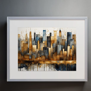 Affiche Aquarelle Abstraite Peinture Gold Cityscape 4:3