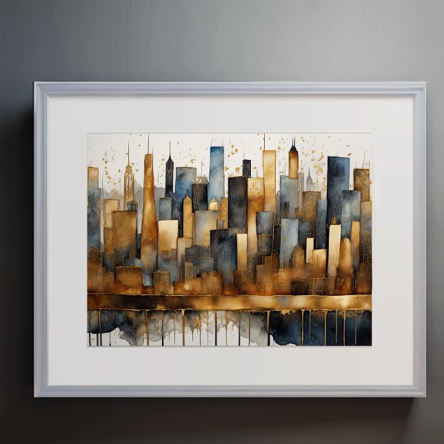 Affiche Aquarelle Abstraite Peinture Gold Cityscape 4:3 (Créateur téléchargé)