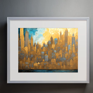 Affiche Aquarelle Abstraite Peinture Gold Cityscape 4:3