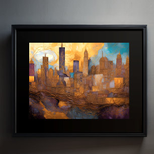 Affiche Aquarelle Abstraite Peinture Gold Cityscape 4:3