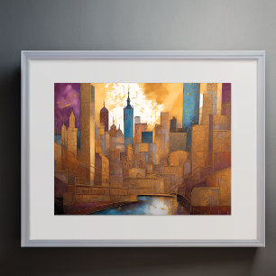 Affiche Aquarelle Abstraite Peinture Gold Cityscape 4:3
