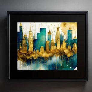 Affiche Aquarelle Abstraite Peinture Gold Cityscape 5:4