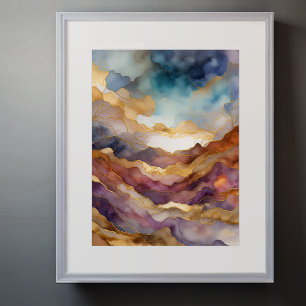 Affiche Aquarelle Abstraite Peinture Paysage Or 3:4