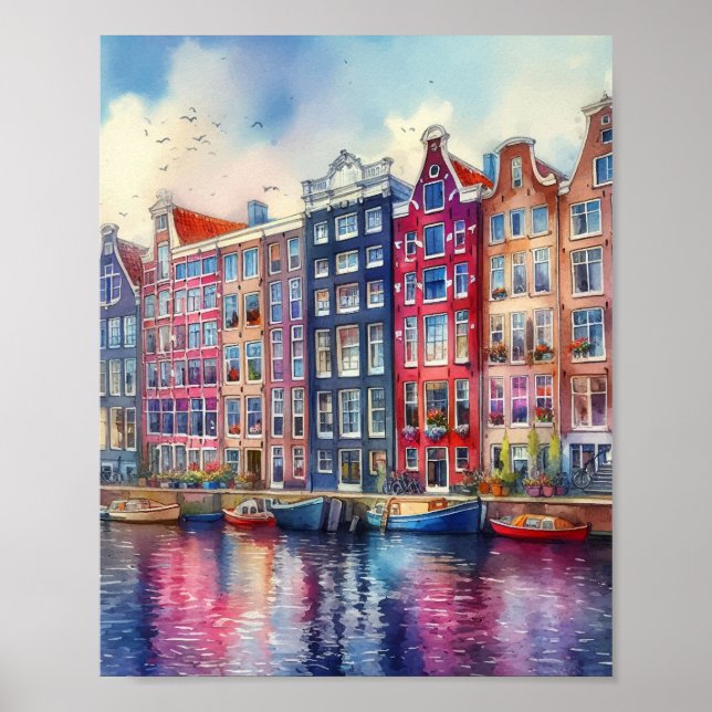 Affiche Aquarelle Amsterdam Pays-Bas (Devant)