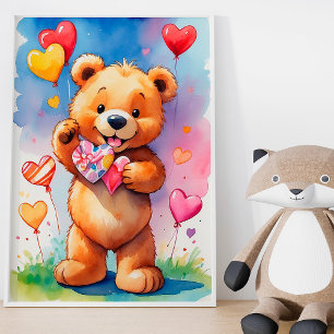 Affiche Aquarelle amusante Ours en peluche avec Ballons du