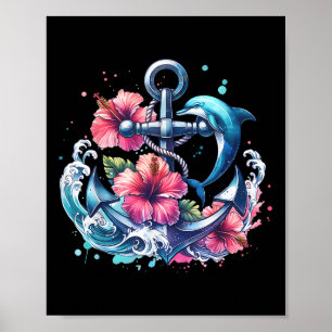 Affiche Aquarelle Ancre florale Dauphin Anim marin nautiqu