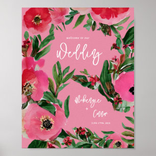 Affiche Aquarelle Anemone rose Mariage Bienvenue