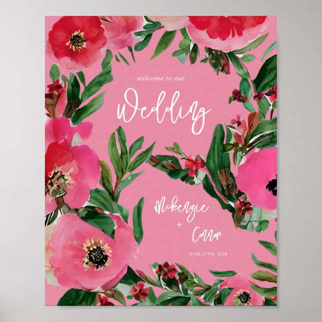 Affiche Aquarelle Anemone rose Mariage Bienvenue (Devant)