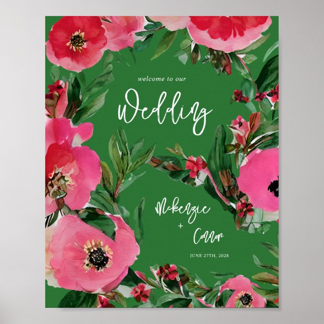Affiche Aquarelle Anemone Vert Mariage Bienvenue (Devant)