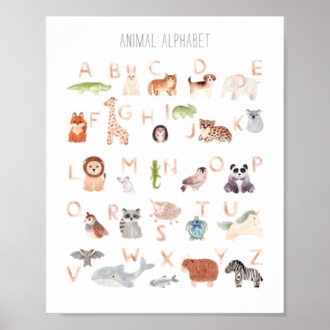 Affiche Aquarelle animal abc enfants alphabet. Salle de so (Devant)