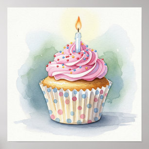 Affiche Aquarelle Anniversaire Cupcake Print