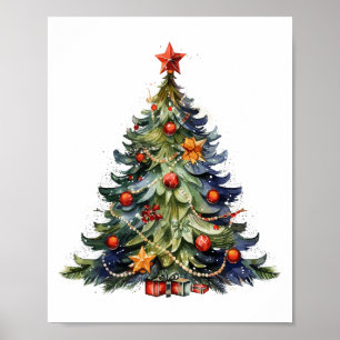 Affiche Aquarelle Arbre de Noël, Cadeaux de Noël