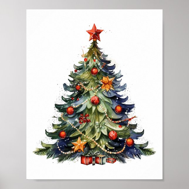 Affiche Aquarelle Arbre de Noël, Cadeaux de Noël (Devant)