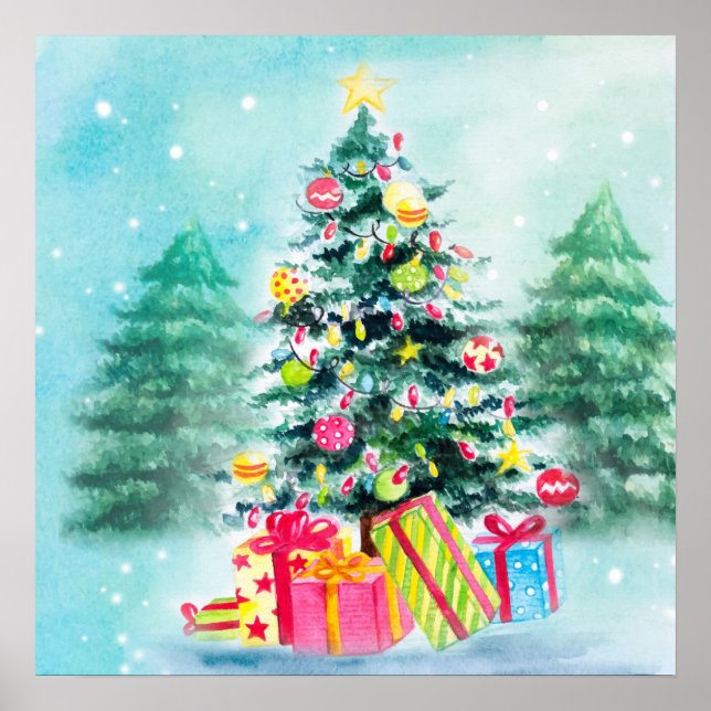 Affiche Aquarelle Arbre de Noël décoré (Devant)