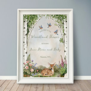Affiche Aquarelle Arbres de bouleau et Fawn Fête Prénatale