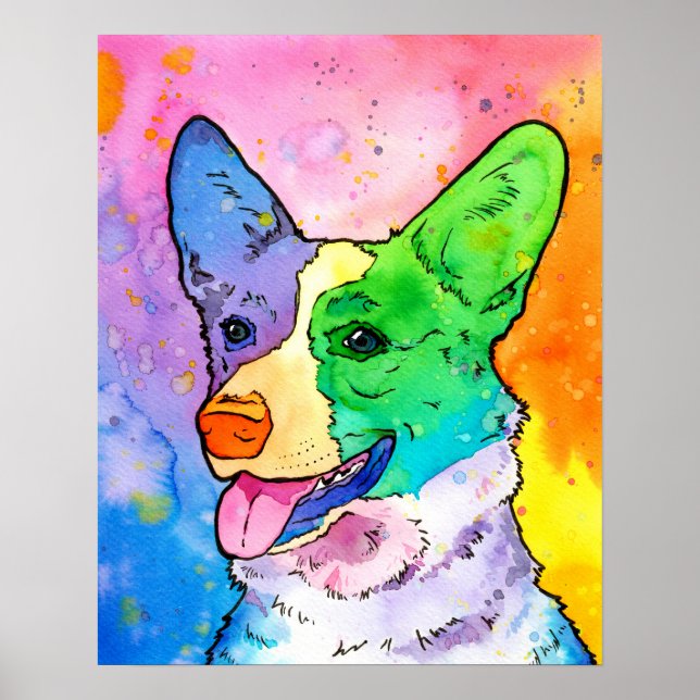 Affiche Aquarelle arc-en-ciel adorable Corgi (Devant)