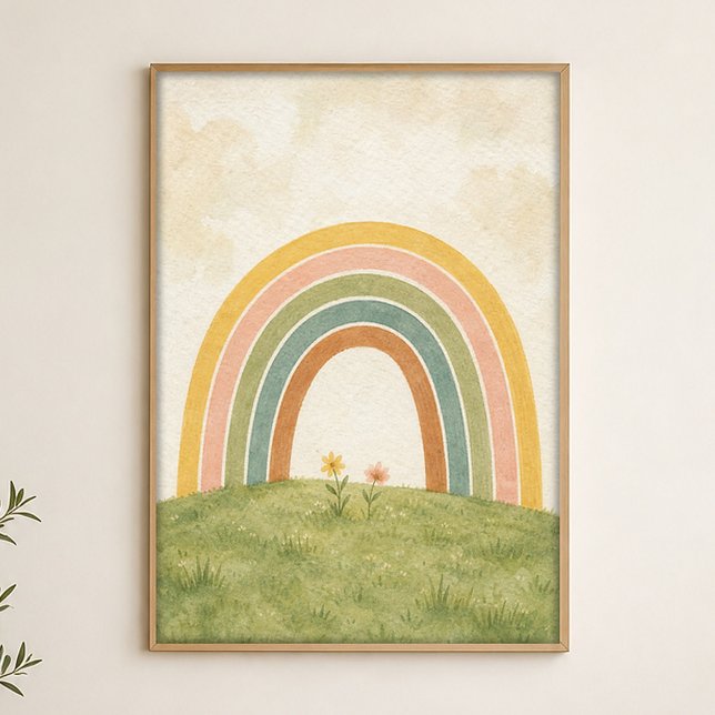 Affiche aquarelle Arc-en-ciel sur la prairie (Shown framed for scale. Poster ships unframed; frames are an optional add-on.)