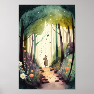 Affiche Aquarelle art animal mignon dans la forêt magique