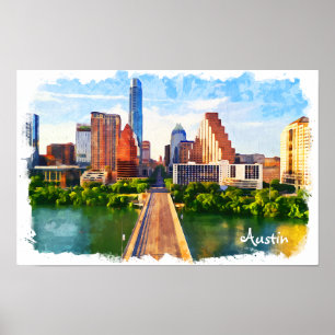 Affiche Aquarelle Austin Texas Vintage voyage City