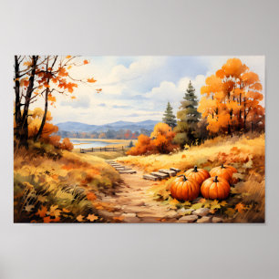 Affiche Aquarelle Automne Citrouille de route en chute Feu