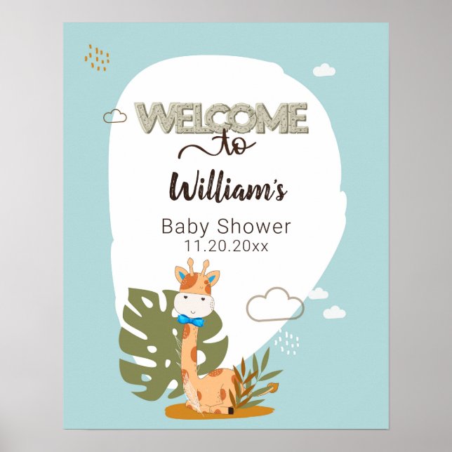 Affiche Aquarelle Baby Giraffe, Bienvenue Au Baby shower (Devant)