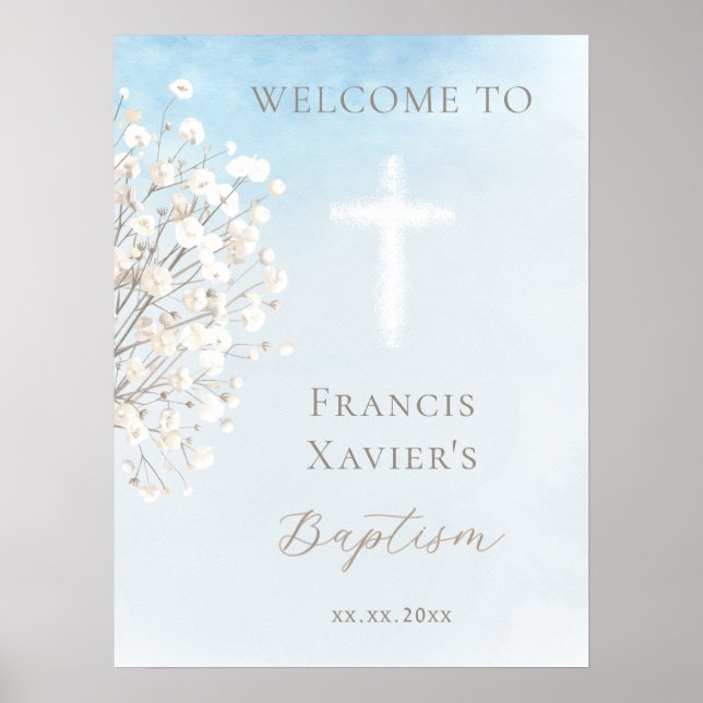 Affiche aquarelle baby's breath | Baptême bébé garçon (Devant)