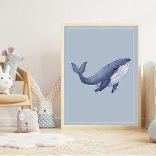 Affiche Aquarelle baleine sur bébé Deep Blue Nursery Art