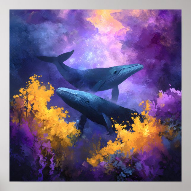 Affiche Aquarelle Baleines Jardin Océan Abstrait (Devant)