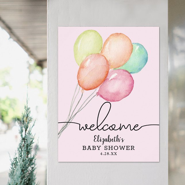 Affiche Aquarelle Balloons Fille Baby shower Bienvenue (Watercolor balloons on pink girl baby shower welcome poster, PRINTED and/or INSTANT DOWNLOAD)
